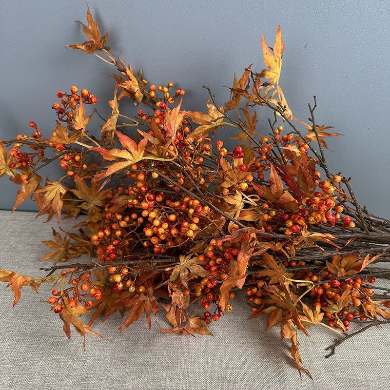 39" Tall Artificial Autumn Maple Leaf Branch, Realistic Faux Red Berry Stems for Vase Filler, Fall Home Decor, Thanksgiving & Wedding Centerpiece