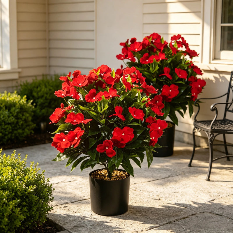 Bulk 2pcs 17" Artificial Red Impatiens Silk Flowers in Pots, UV Resistant Faux Plants for Porch, Home Decor, Wedding, and Farmhouse Outdoor Decoration