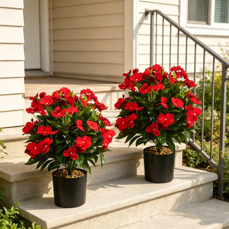 Bulk 2pcs 17" Artificial Red Impatiens Silk Flowers in Pots, UV Resistant Faux Plants for Porch, Home Decor, Wedding, and Farmhouse Outdoor Decoration
