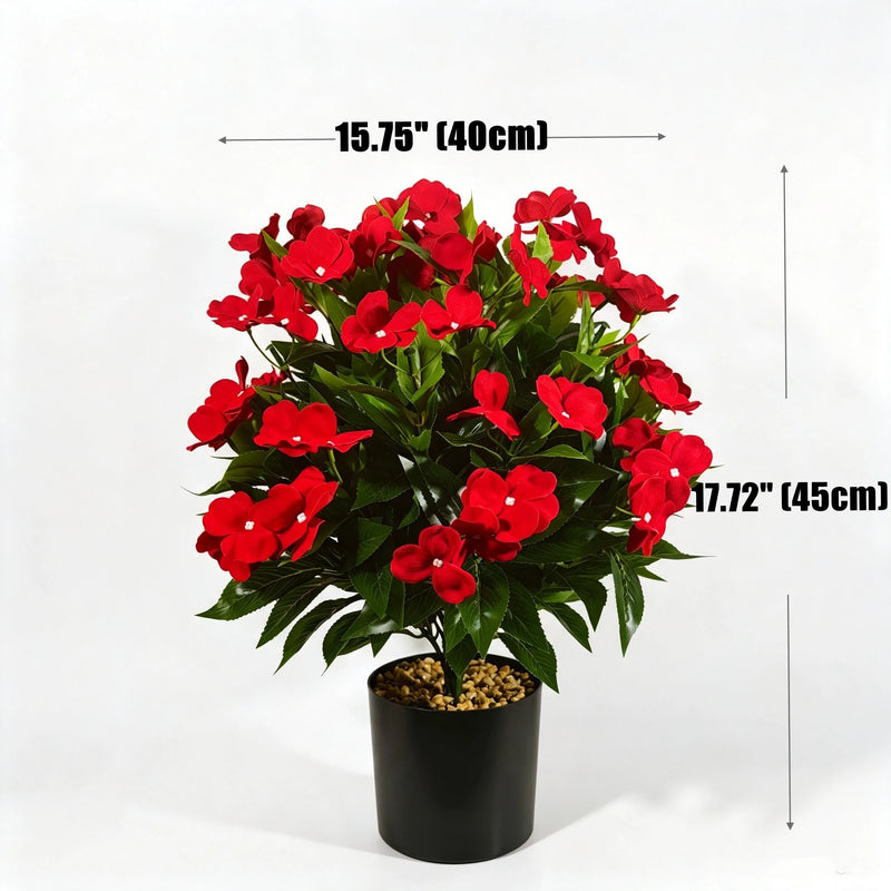 Bulk 2pcs 17" Artificial Red Impatiens Silk Flowers in Pots, UV Resistant Faux Plants for Porch, Home Decor, Wedding, and Farmhouse Outdoor Decoration