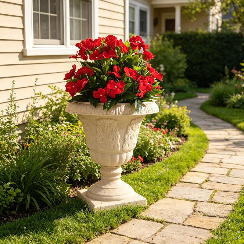 Bulk 2pcs 17" Artificial Red Impatiens Silk Flowers in Pots, UV Resistant Faux Plants for Porch, Home Decor, Wedding, and Farmhouse Outdoor Decoration