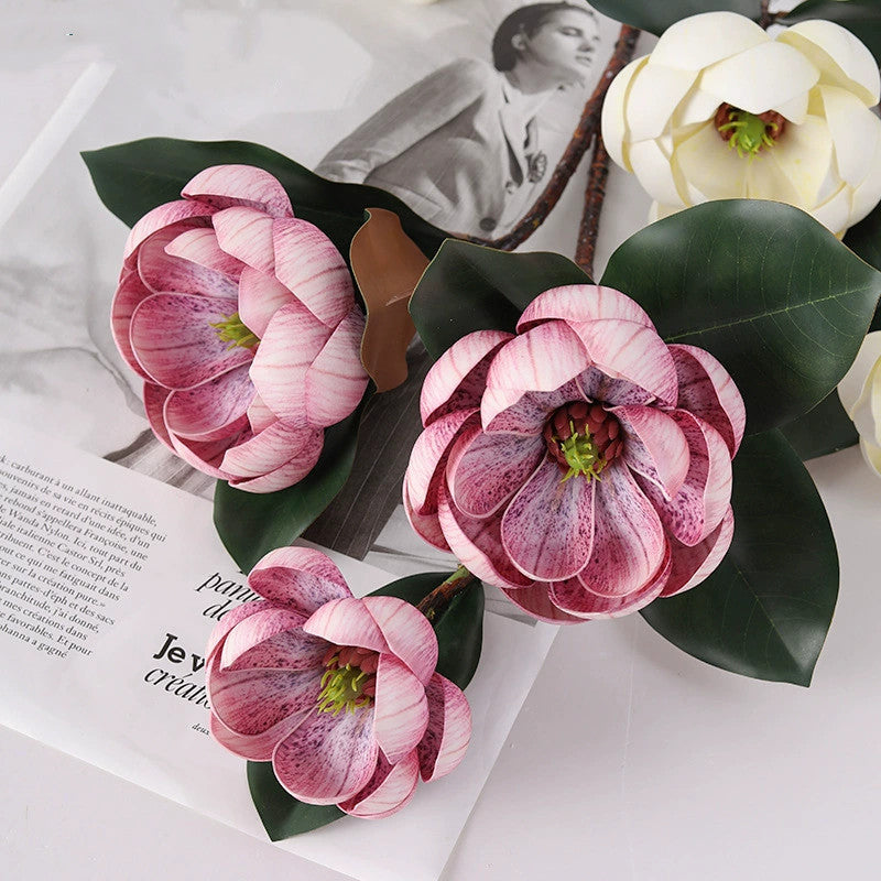 28" Large Artificial Magnolia Stem (3 Blooms), Real Touch Faux Flowers for Tall Vase, Elegant Home Decor, DIY Wedding Bouquets & Centerpieces