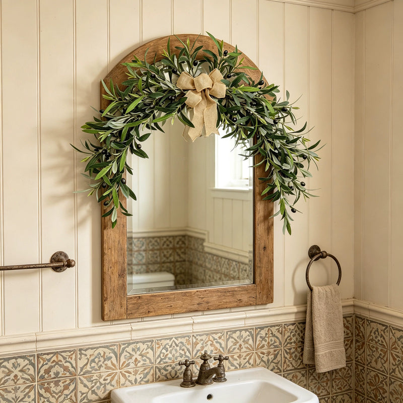 31" Artificial Olive Wreath, Realistic Mediterranean Greenery Garland for Front Door & Mantel, Year-Round Farmhouse Wall Decor for Home, Weddings & Events