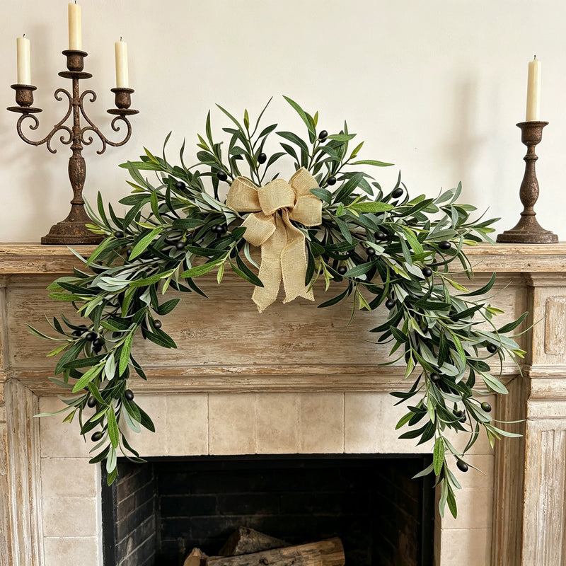 31" Artificial Olive Wreath, Realistic Mediterranean Greenery Garland for Front Door & Mantel, Year-Round Farmhouse Wall Decor for Home, Weddings & Events