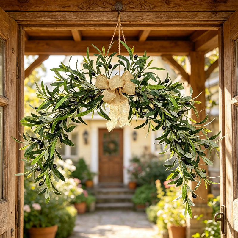 31" Artificial Olive Wreath, Realistic Mediterranean Greenery Garland for Front Door & Mantel, Year-Round Farmhouse Wall Decor for Home, Weddings & Events