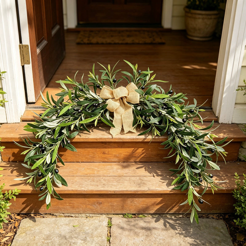 31" Artificial Olive Wreath, Realistic Mediterranean Greenery Garland for Front Door & Mantel, Year-Round Farmhouse Wall Decor for Home, Weddings & Events