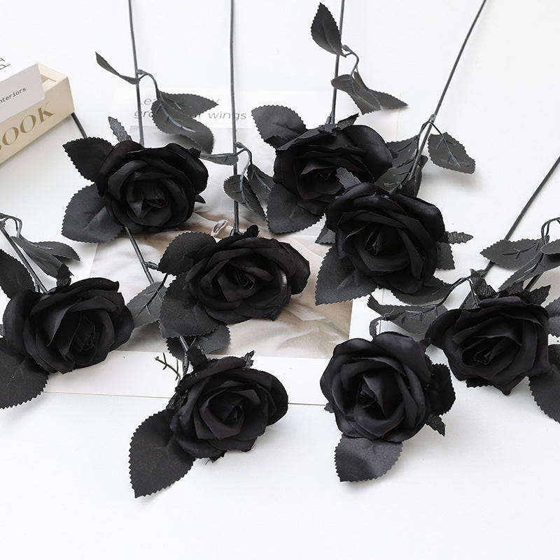 5 Stems Faux Black Roses, 15" Tall Realistic Artificial Flowers for Gothic Home Decor, Halloween Wedding Bouquet, Moody Vase Filler & DIY Projects