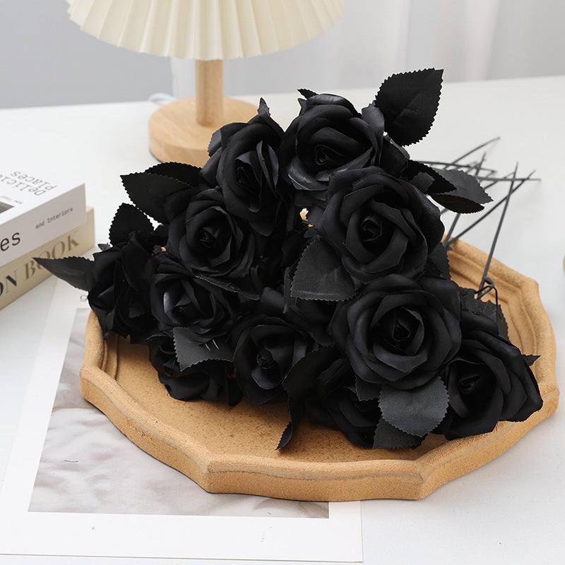 5 Stems Faux Black Roses, 15" Tall Realistic Artificial Flowers for Gothic Home Decor, Halloween Wedding Bouquet, Moody Vase Filler & DIY Projects