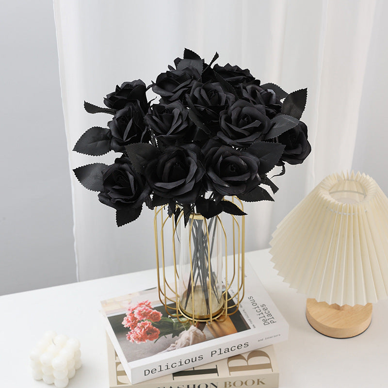 5 Stems Faux Black Roses, 15" Tall Realistic Artificial Flowers for Gothic Home Decor, Halloween Wedding Bouquet, Moody Vase Filler & DIY Projects