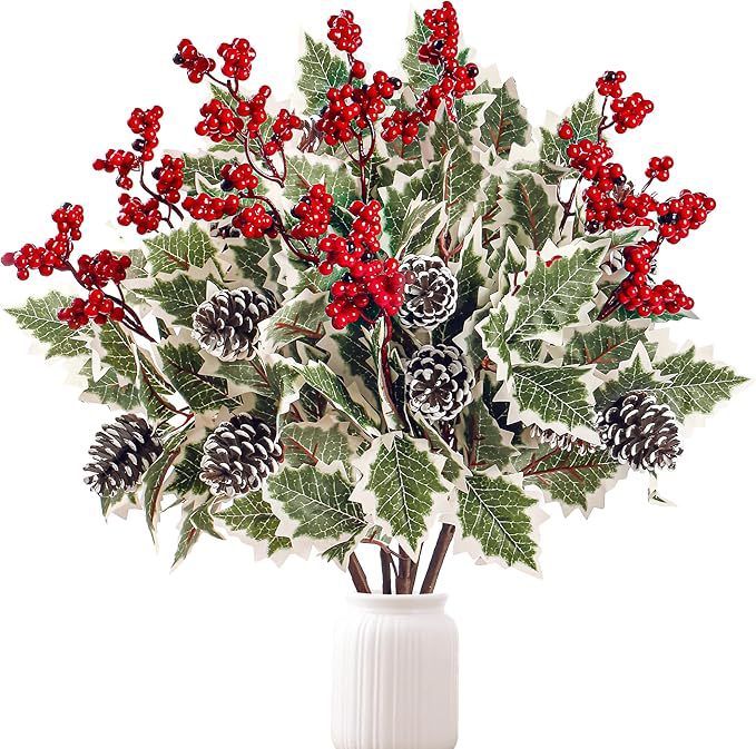 2 Pack Frosted Red Berry & Pinecone Stems, 16 Inch Artificial Winter Greenery Picks for Christmas Vase Filler, Holiday Home Decor, DIY Wreath Crafts