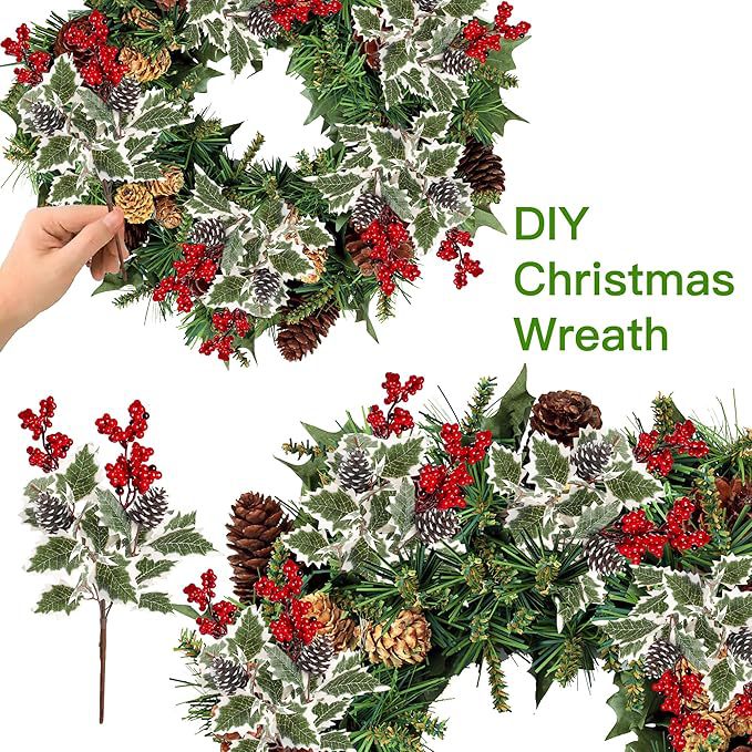 2 Pack Frosted Red Berry & Pinecone Stems, 16 Inch Artificial Winter Greenery Picks for Christmas Vase Filler, Holiday Home Decor, DIY Wreath Crafts