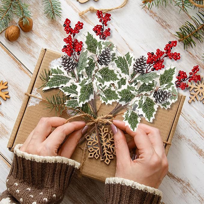 2 Pack Frosted Red Berry & Pinecone Stems, 16 Inch Artificial Winter Greenery Picks for Christmas Vase Filler, Holiday Home Decor, DIY Wreath Crafts