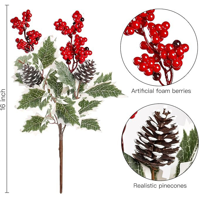 2 Pack Frosted Red Berry & Pinecone Stems, 16 Inch Artificial Winter Greenery Picks for Christmas Vase Filler, Holiday Home Decor, DIY Wreath Crafts