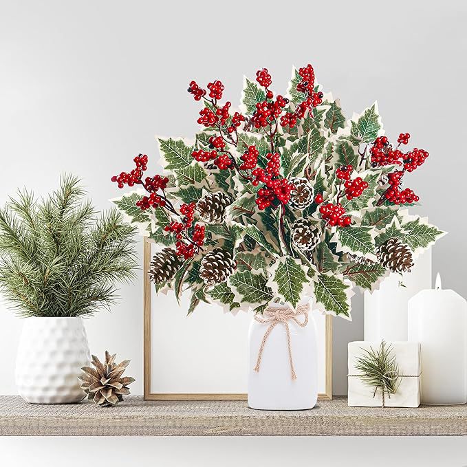 2 Pack Frosted Red Berry & Pinecone Stems, 16 Inch Artificial Winter Greenery Picks for Christmas Vase Filler, Holiday Home Decor, DIY Wreath Crafts