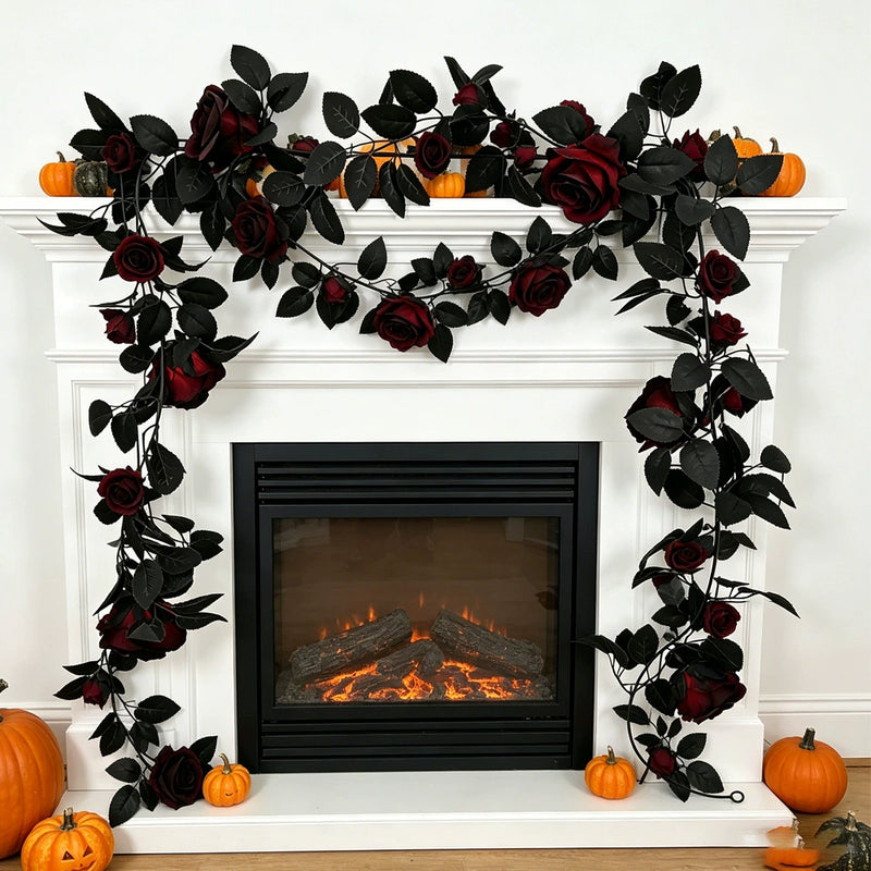 Halloween Decorative Black Vine Wreath with Real-Touch Roses, 79" Length, Perfect for Home Decor, Weddings, and Seasonal Celebrations