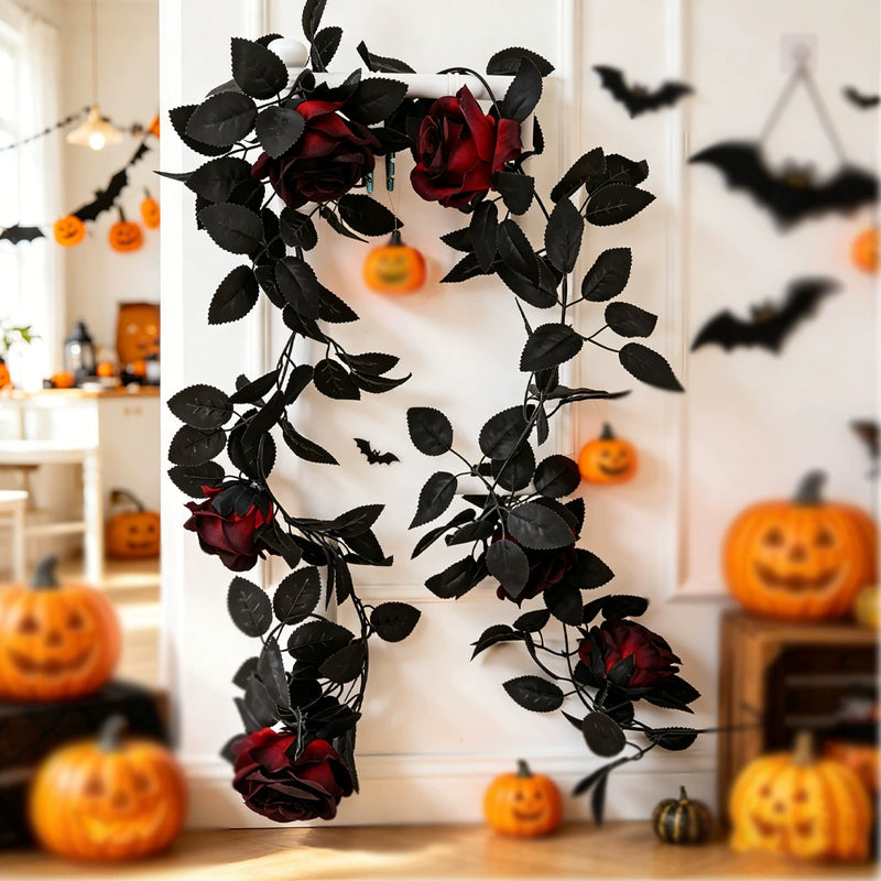 Halloween Decorative Black Vine Wreath with Real-Touch Roses, 79" Length, Perfect for Home Decor, Weddings, and Seasonal Celebrations
