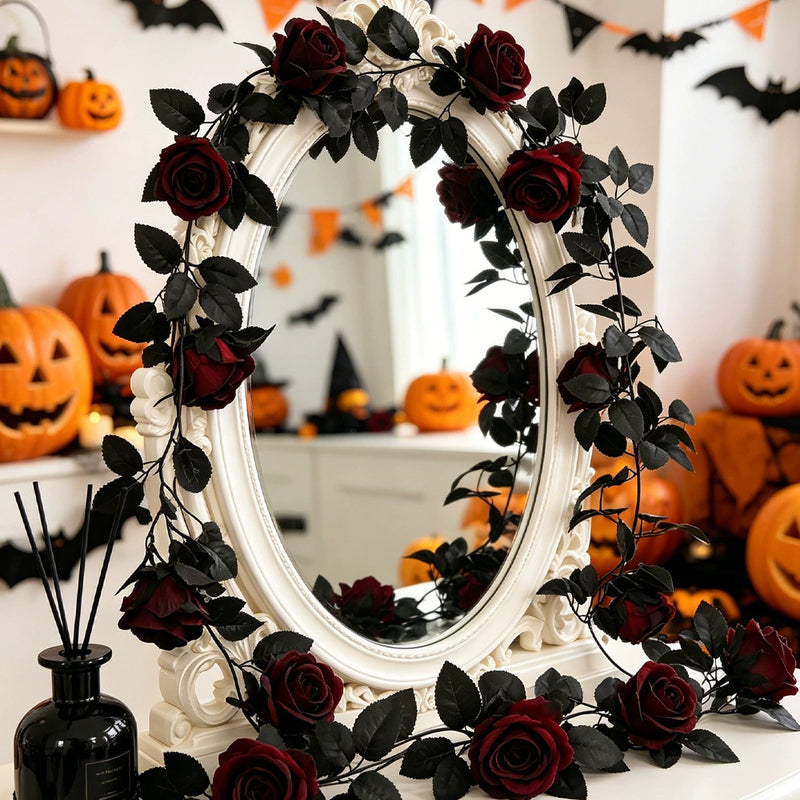 Halloween Decorative Black Vine Wreath with Real-Touch Roses, 79" Length, Perfect for Home Decor, Weddings, and Seasonal Celebrations
