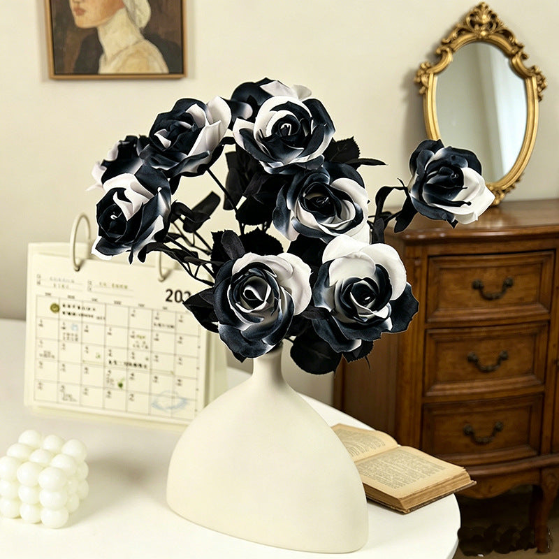 5 Stems Black Artificial Roses, 15" Lifelike Faux Black & White Flowers for Halloween Decor, Gothic Wedding Bouquet, Vase Filler, Home Arrangement