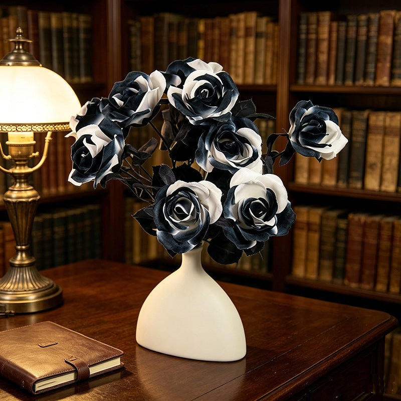 5 Stems Black Artificial Roses, 15" Lifelike Faux Black & White Flowers for Halloween Decor, Gothic Wedding Bouquet, Vase Filler, Home Arrangement