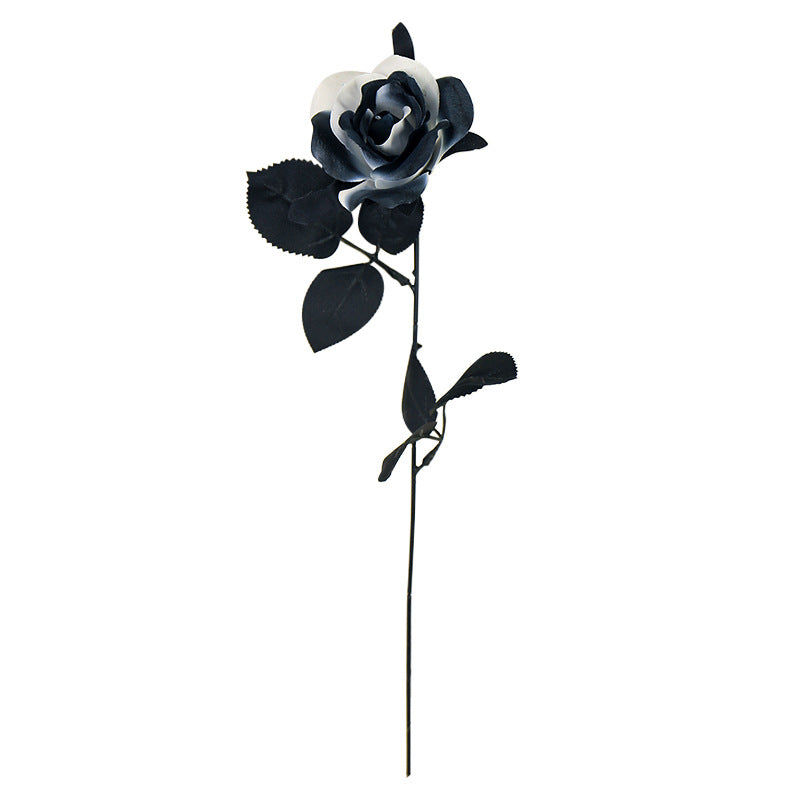 5 Stems Black Artificial Roses, 15" Lifelike Faux Black & White Flowers for Halloween Decor, Gothic Wedding Bouquet, Vase Filler, Home Arrangement