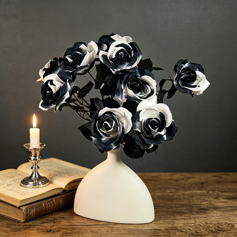 5 Stems Black Artificial Roses, 15" Lifelike Faux Black & White Flowers for Halloween Decor, Gothic Wedding Bouquet, Vase Filler, Home Arrangement