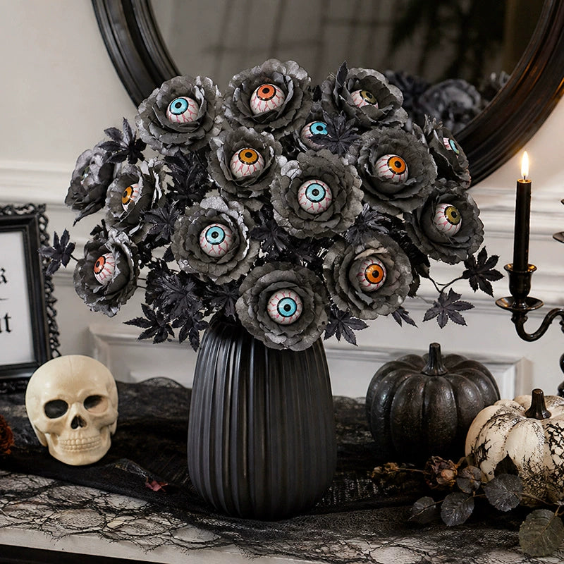 20" Halloween Eyeball Flower Stem, Spooky Black Artificial Floral Pick for Gothic Home Decor, Dark Macabre Arrangements, DIY Wreaths & Party Centerpieces