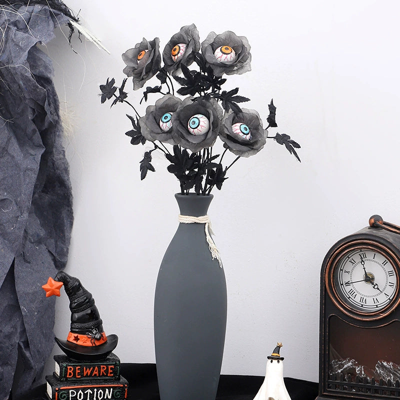 20" Halloween Eyeball Flower Stem, Spooky Black Artificial Floral Pick for Gothic Home Decor, Dark Macabre Arrangements, DIY Wreaths & Party Centerpieces