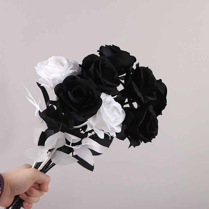 Black Rose Artificial Flower, 20" Long Stem Realistic Silk Rose, Gothic Home Decor, Moody Wedding Bouquet, Halloween Party, DIY Floral