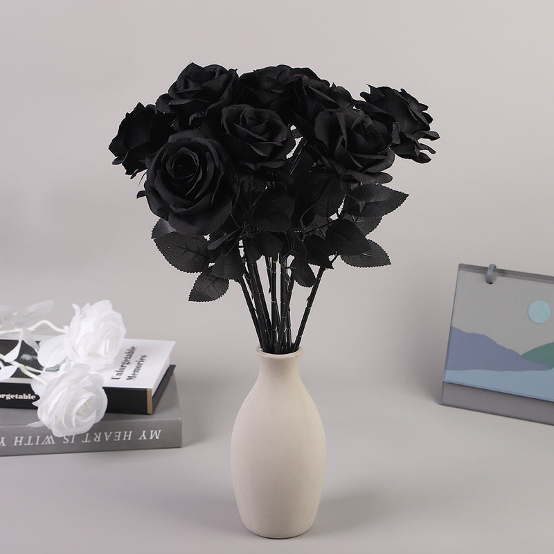 Black Rose Artificial Flower, 20" Long Stem Realistic Silk Rose, Gothic Home Decor, Moody Wedding Bouquet, Halloween Party, DIY Floral