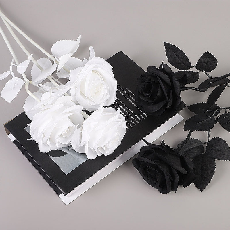 Black Rose Artificial Flower, 20" Long Stem Realistic Silk Rose, Gothic Home Decor, Moody Wedding Bouquet, Halloween Party, DIY Floral