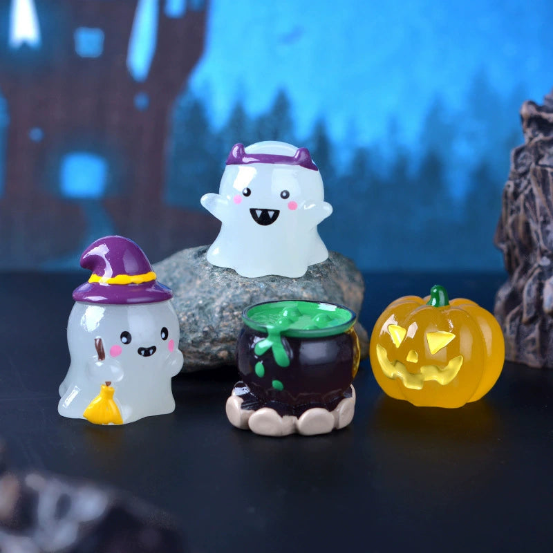 Set of 6 Glow in The Dark Halloween Figurines, Cute Ghost & Pumpkin Miniatures, Resin Ornaments for DIY Terrarium Decor & Spooky Party Favors