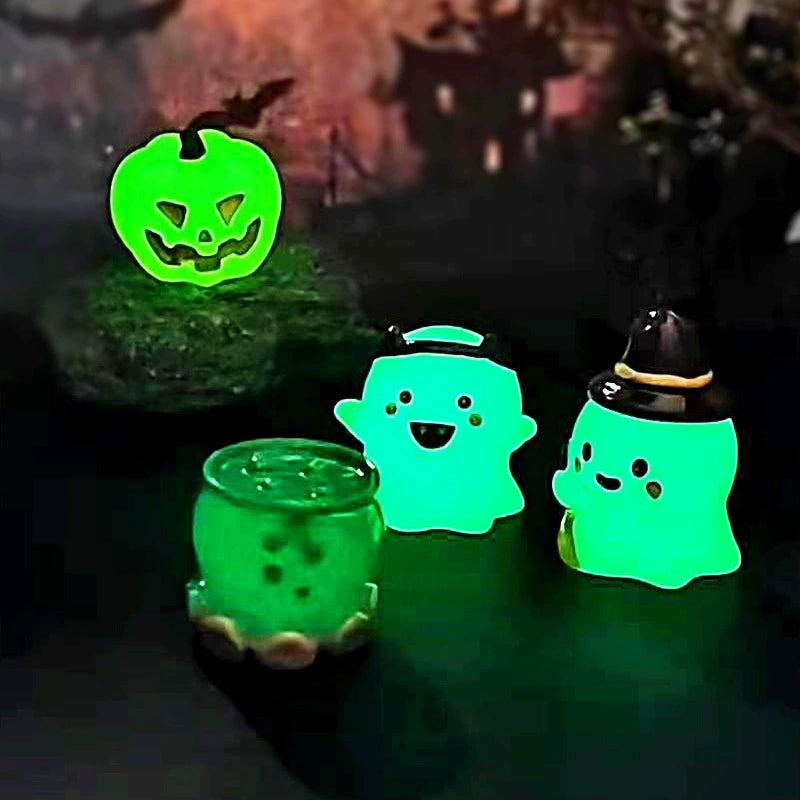 Set of 6 Glow in The Dark Halloween Figurines, Cute Ghost & Pumpkin Miniatures, Resin Ornaments for DIY Terrarium Decor & Spooky Party Favors