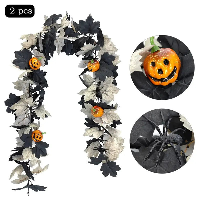79" Halloween Garland, 2 Pack Artificial Pumpkin & Maple Leaf Vine, Realistic Fall Foliage for Autumn Wedding, Mantel Decor, Thanksgiving & Spooky Home Accents