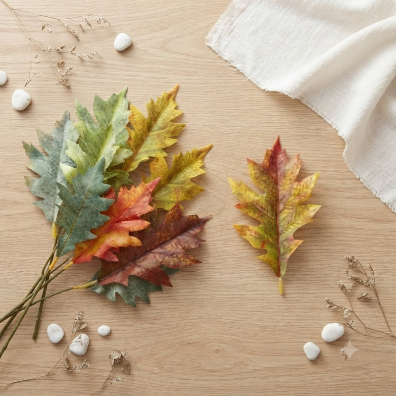 Faux Oak Leaf Stem, Realistic Touch, 4.5" & 5.5" Sizes, Perfect for Home Decor, Weddings, and Seasonal Displays