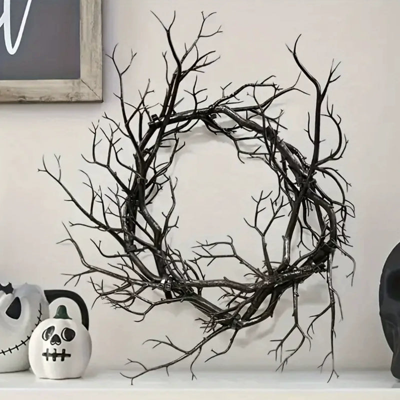 17 Inch Black Twig Wreath, Spooky Halloween Wreath for Front Door & Wall, Gothic & Moody Decor, Artificial Branch for DIY Weddings & Events