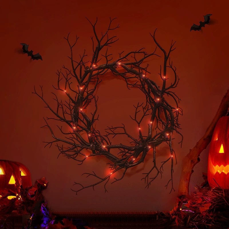 17 Inch Black Twig Wreath, Spooky Halloween Wreath for Front Door & Wall, Gothic & Moody Decor, Artificial Branch for DIY Weddings & Events