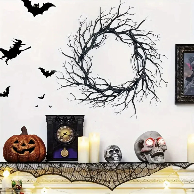 17 Inch Black Twig Wreath, Spooky Halloween Wreath for Front Door & Wall, Gothic & Moody Decor, Artificial Branch for DIY Weddings & Events