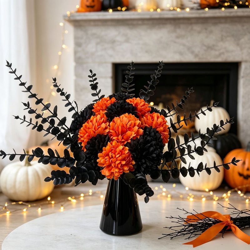 5 Stems Moody Black Eucalyptus & Orange Hydrangea, Realistic Faux Florals for Halloween Decor, Fall Vase Filler, Wedding Bouquets & DIY Arrangements