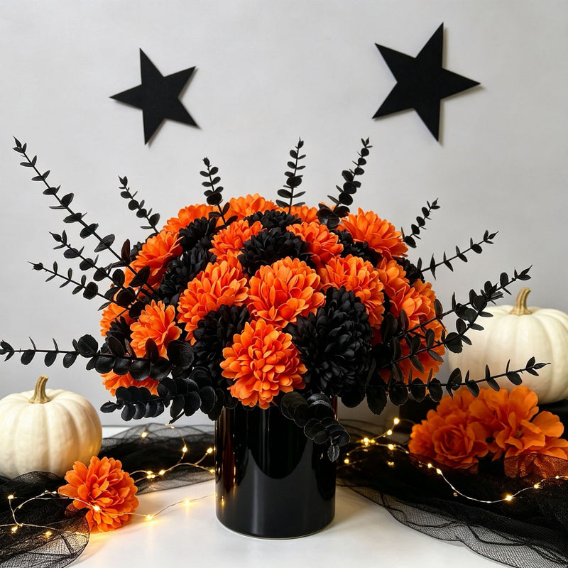 5 Stems Moody Black Eucalyptus & Orange Hydrangea, Realistic Faux Florals for Halloween Decor, Fall Vase Filler, Wedding Bouquets & DIY Arrangements