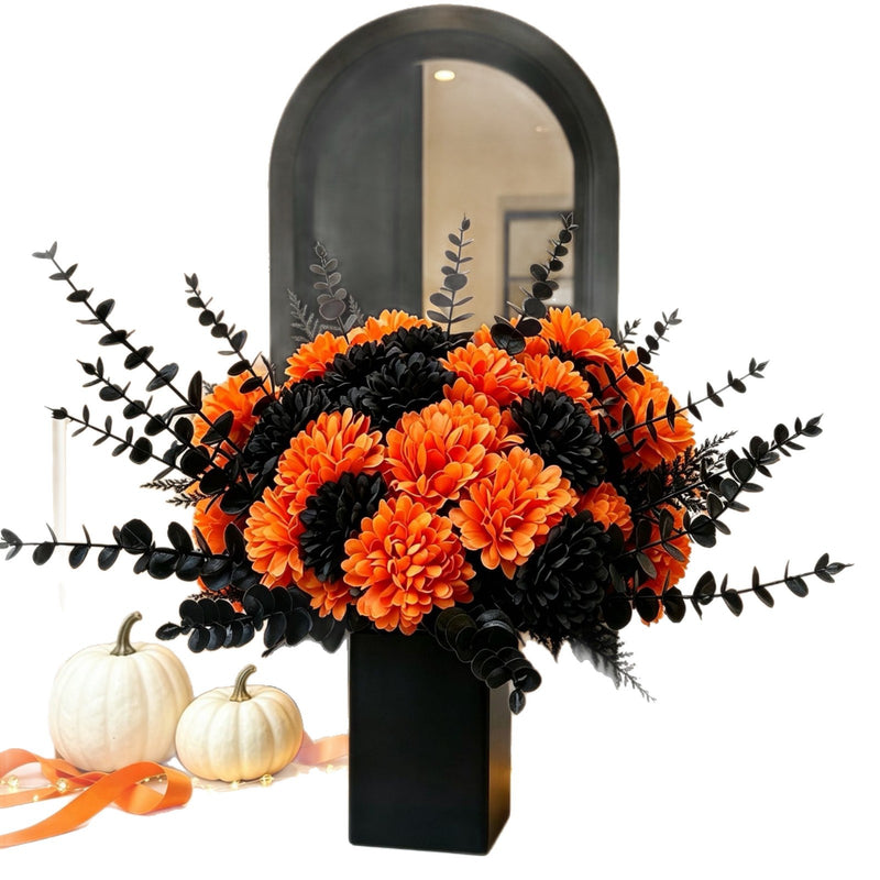 5 Stems Moody Black Eucalyptus & Orange Hydrangea, Realistic Faux Florals for Halloween Decor, Fall Vase Filler, Wedding Bouquets & DIY Arrangements