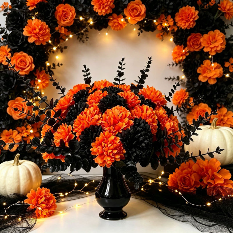 5 Stems Moody Black Eucalyptus & Orange Hydrangea, Realistic Faux Florals for Halloween Decor, Fall Vase Filler, Wedding Bouquets & DIY Arrangements
