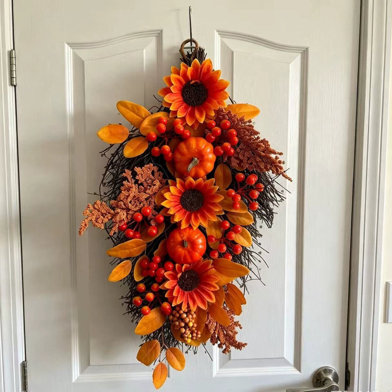 Harvest Teardrop Swag, 22 Inch Artificial Autumn Decoration with Maple Leaves & Pumpkin for Front Door, Wall, Mantel, Thanksgiving Home Decor