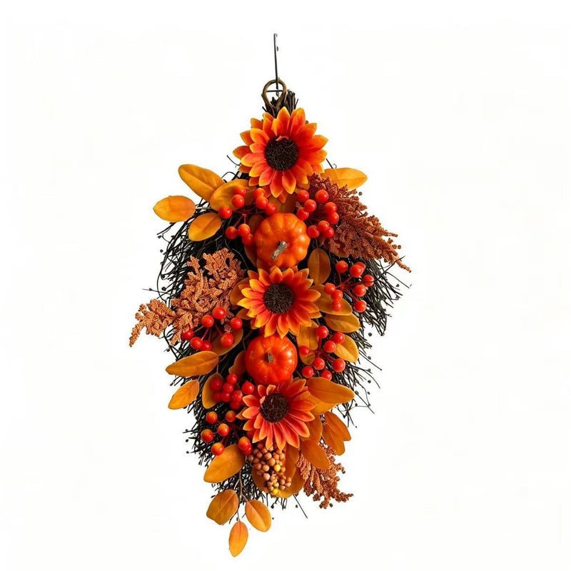 Harvest Teardrop Swag, 22 Inch Artificial Autumn Decoration with Maple Leaves & Pumpkin for Front Door, Wall, Mantel, Thanksgiving Home Decor