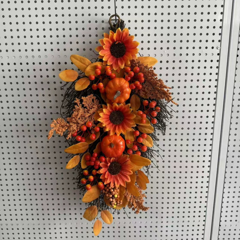 Harvest Teardrop Swag, 22 Inch Artificial Autumn Decoration with Maple Leaves & Pumpkin for Front Door, Wall, Mantel, Thanksgiving Home Decor