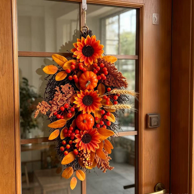 Harvest Teardrop Swag, 22 Inch Artificial Autumn Decoration with Maple Leaves & Pumpkin for Front Door, Wall, Mantel, Thanksgiving Home Decor