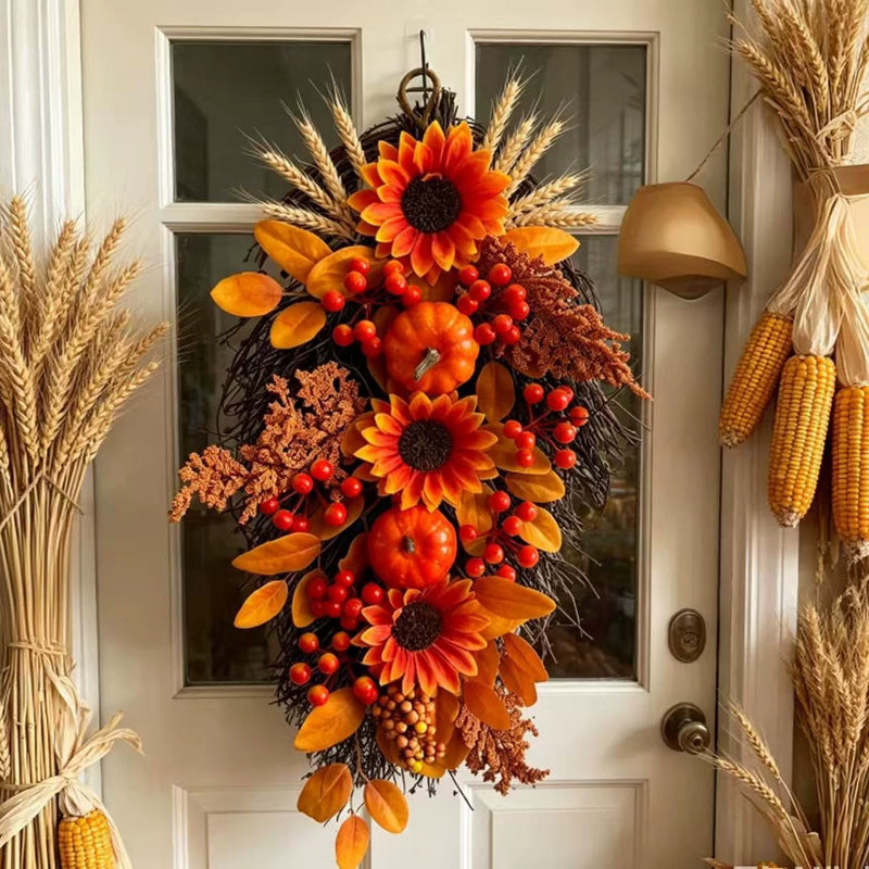 Harvest Teardrop Swag, 22 Inch Artificial Autumn Decoration with Maple Leaves & Pumpkin for Front Door, Wall, Mantel, Thanksgiving Home Decor