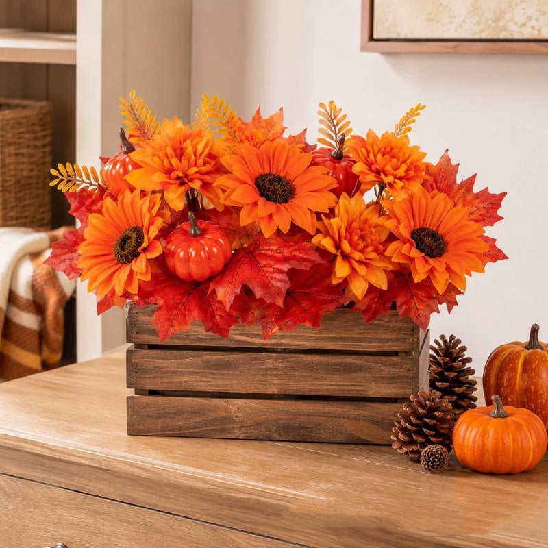13" Artificial Pumpkin & Maple Leaf Pick, Realistic Fall Harvest Stem for Thanksgiving Table Centerpiece, Rustic Autumn Decor, Halloween, DIY Wreath & Crafts