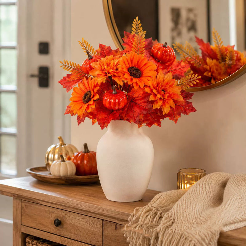 13" Artificial Pumpkin & Maple Leaf Pick, Realistic Fall Harvest Stem for Thanksgiving Table Centerpiece, Rustic Autumn Decor, Halloween, DIY Wreath & Crafts