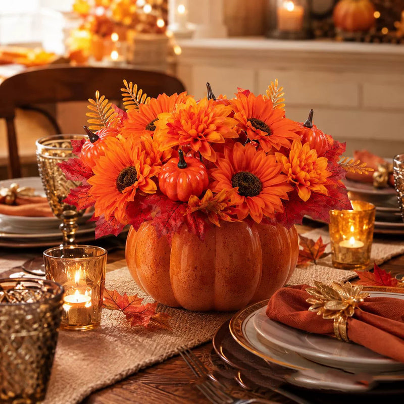13" Artificial Pumpkin & Maple Leaf Pick, Realistic Fall Harvest Stem for Thanksgiving Table Centerpiece, Rustic Autumn Decor, Halloween, DIY Wreath & Crafts