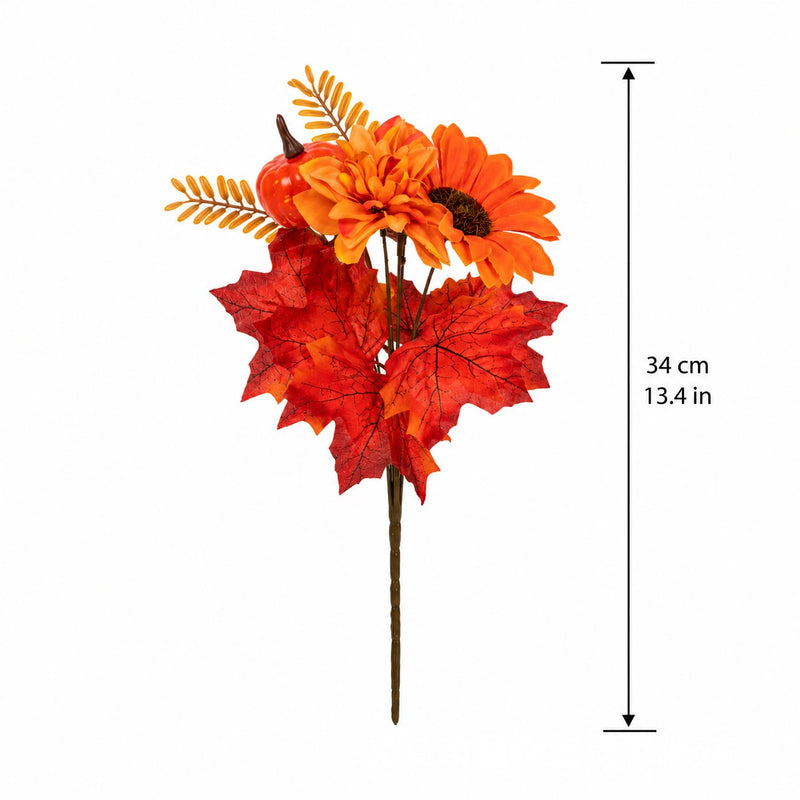 13" Artificial Pumpkin & Maple Leaf Pick, Realistic Fall Harvest Stem for Thanksgiving Table Centerpiece, Rustic Autumn Decor, Halloween, DIY Wreath & Crafts
